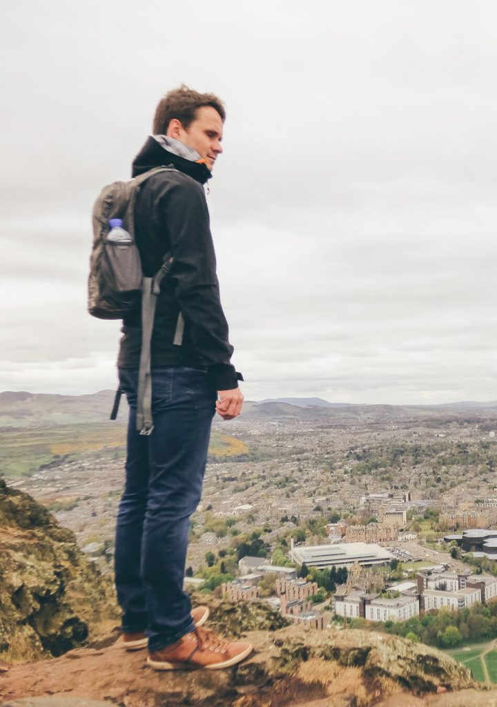 Kristof enjoying the view over Edinburgh at the top of Arthurs Seat