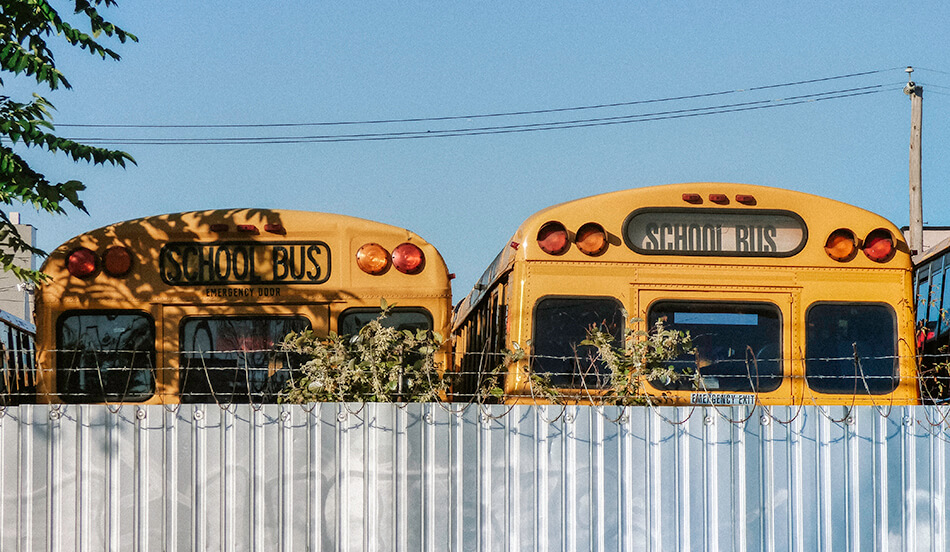 School busses parked in Red Hook, Brooklyn