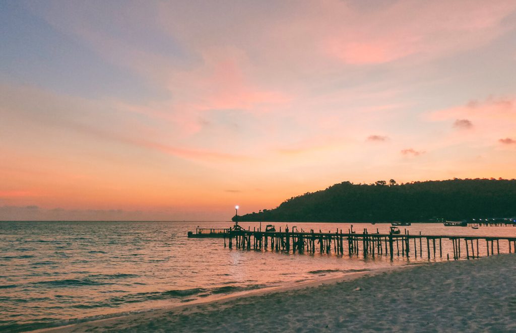 Pink sunset at the Sok San Beach resort in Koh Rong, Cambodia