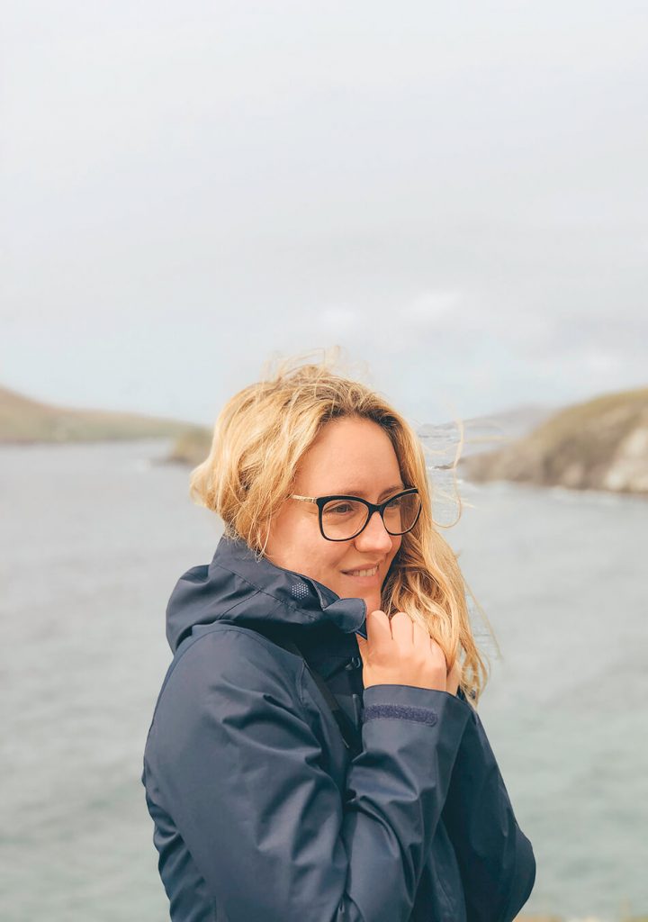 Bracing the strong winds at the Blasket Islands, Dingle Peninsula Drive