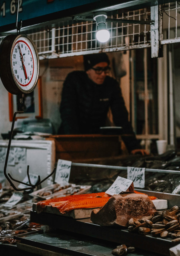 Fishies and other nautical bounties for sale at the Mercado Central, a perfect stop on a self-guided walking tour through Santiago, chile