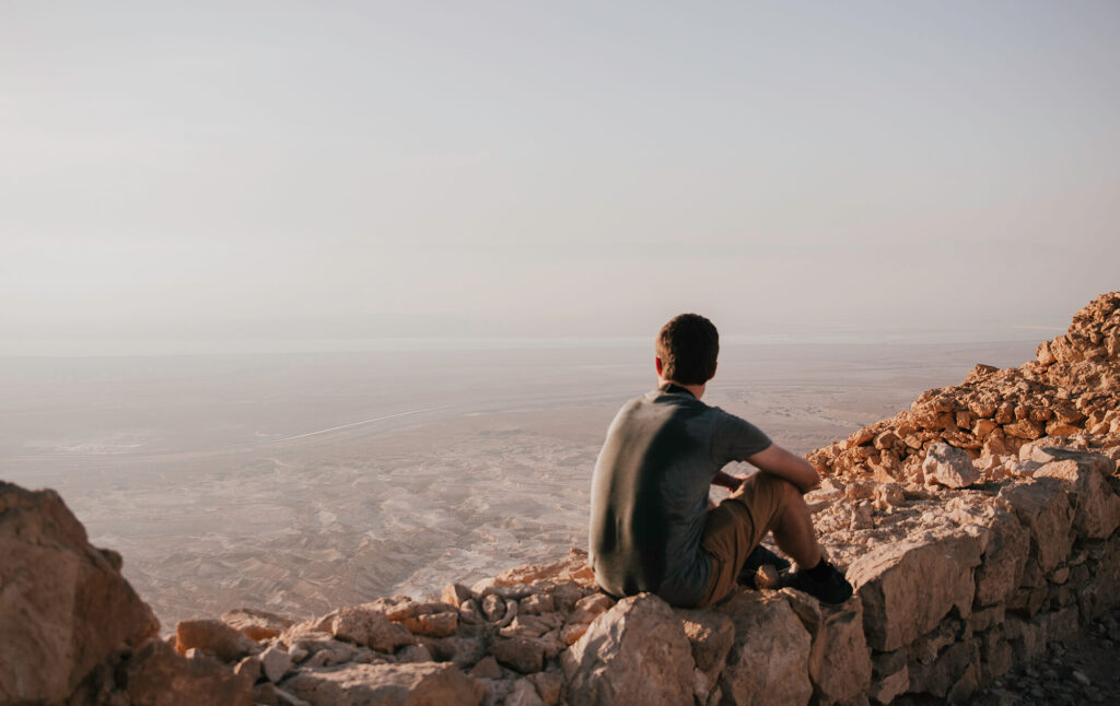 The Masada ruins are perched high above the Israeli desert landscape.