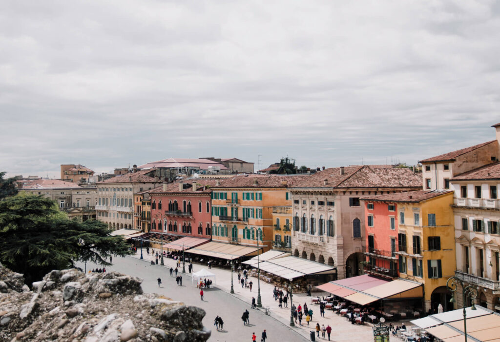 Colourful cafés and restaurants at Piazza Bra