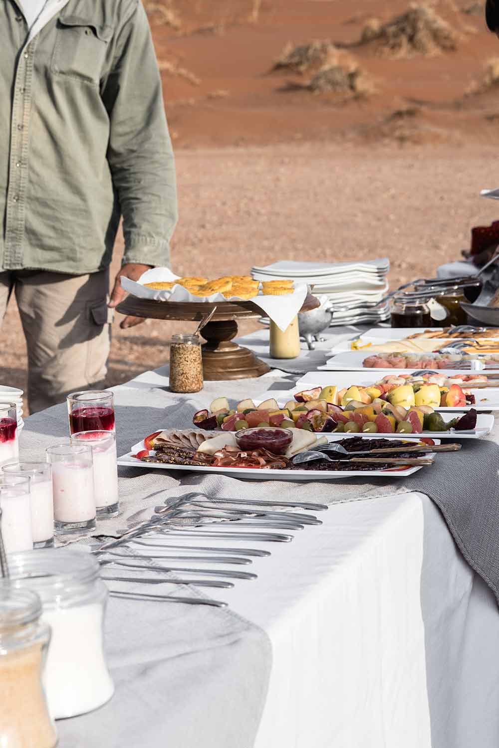 Breakfast spread at the end of our Sossusvlei hot air ballooning ride. A true romantic experience in Sossusvlei!