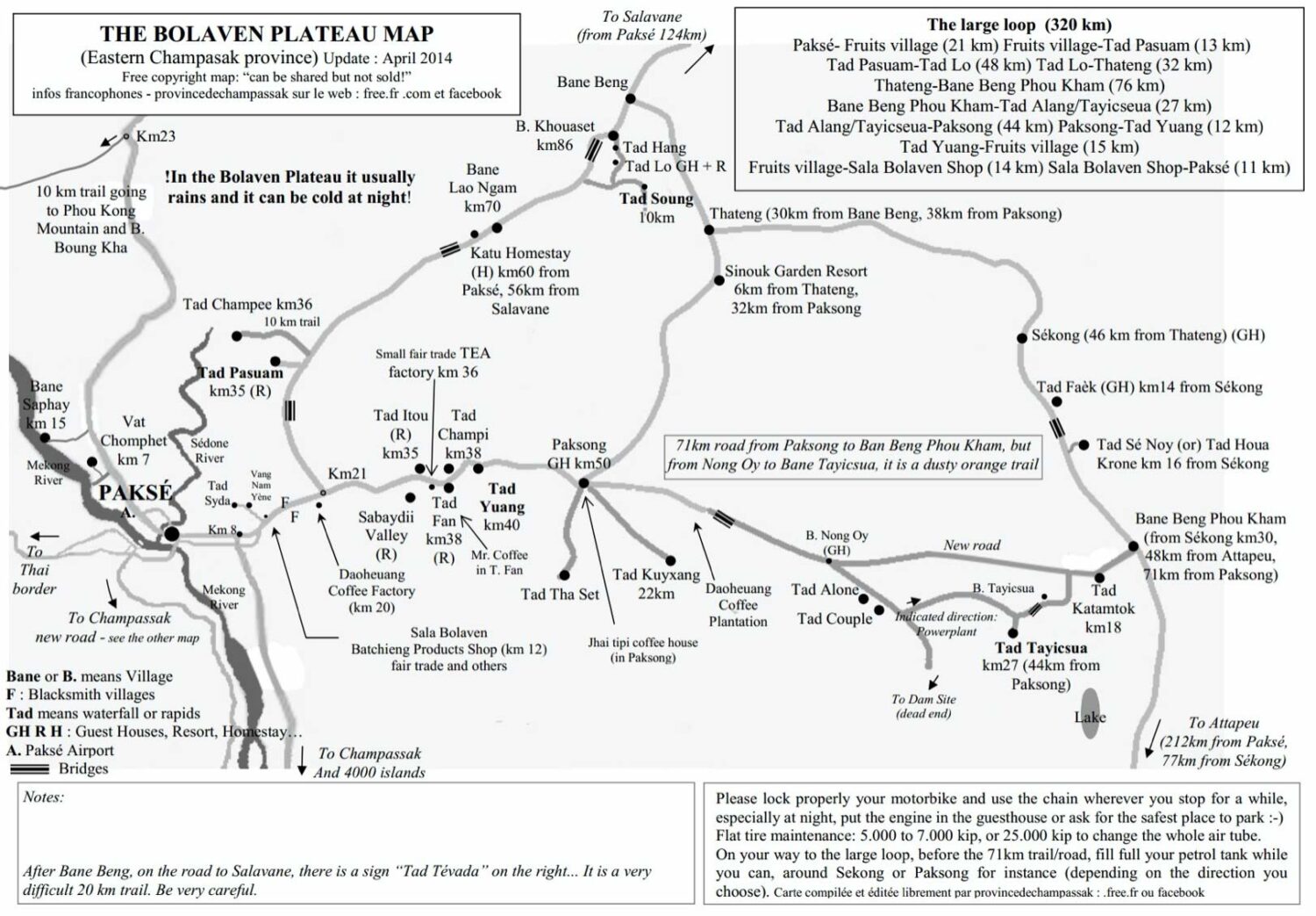 Detailed map of the best things to see on Bolaven Plateau by motorbike