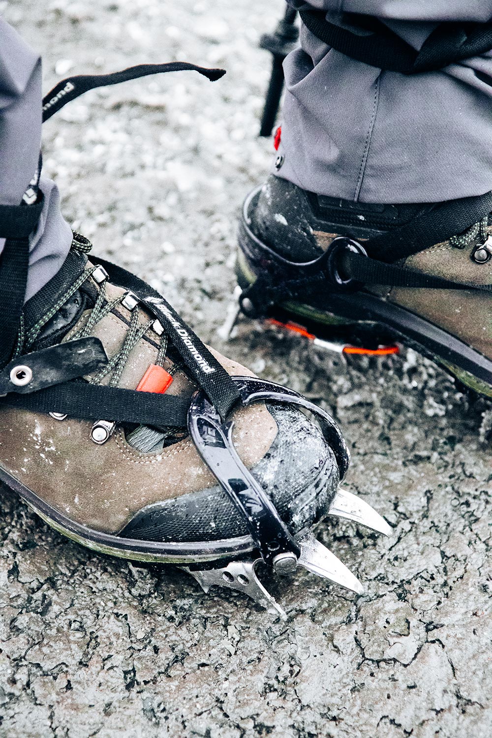 High hiking boots are needed to attach crampons for hiking on ice