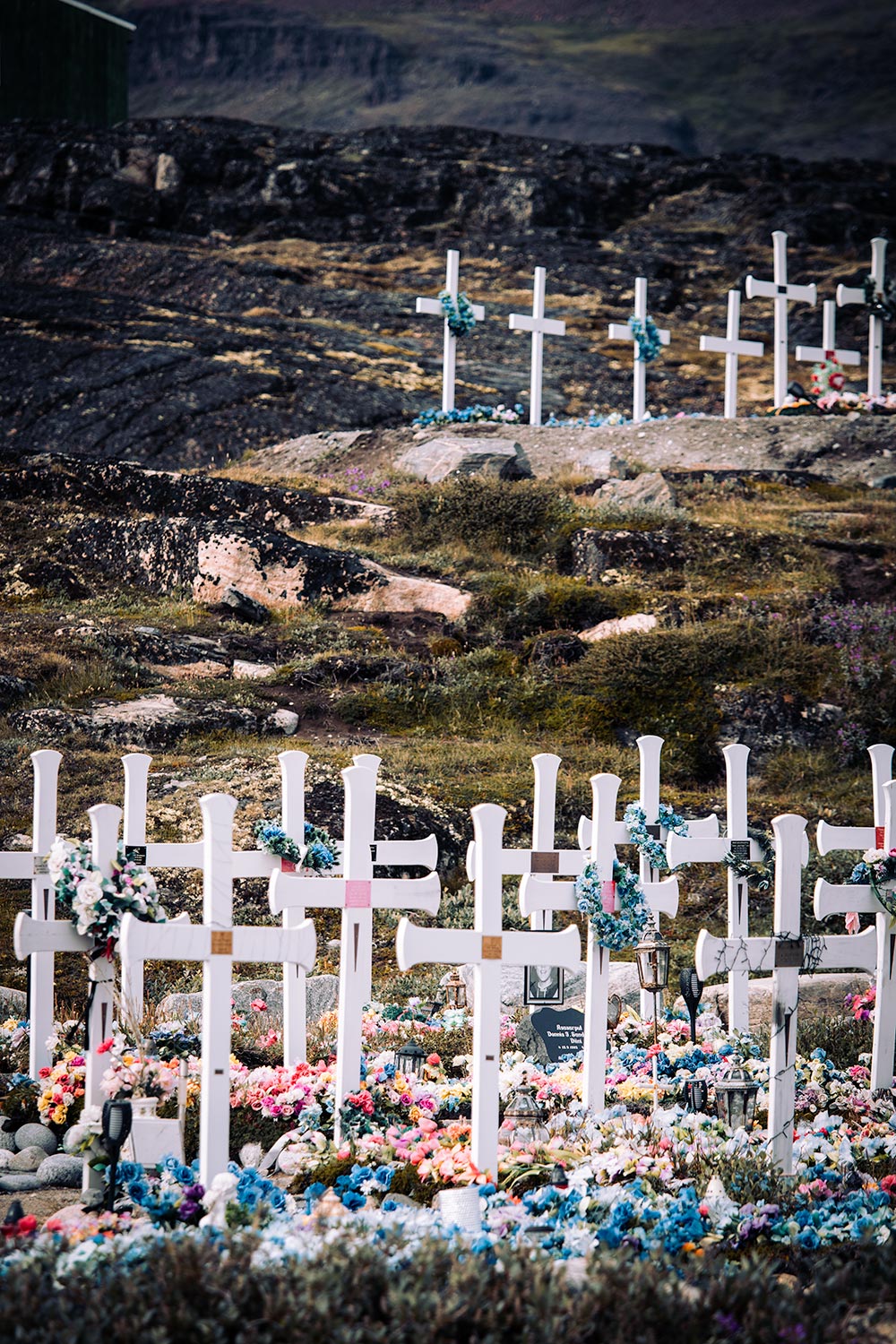 Colorful cemetery in Qeqertarsuaq, Greenland.