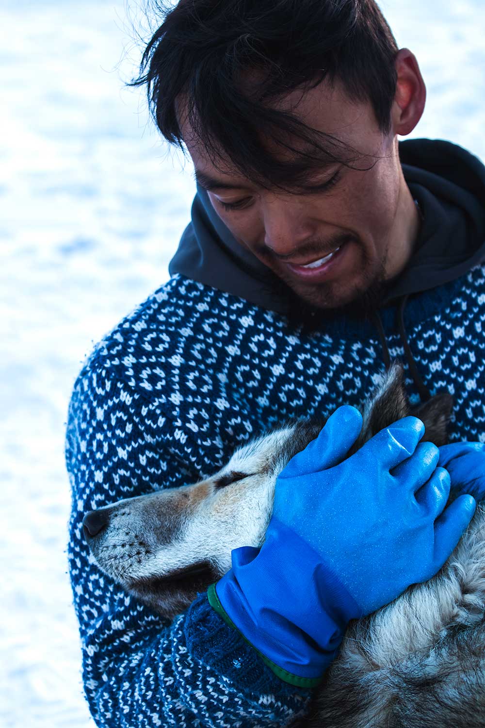 Groenlandse musher knuffelt hond